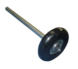 300-25125 (3" Black nylon roller; sealed precision bearing; bulged shoulders x 5" stainless steel stem; 100 lb load; 100,000 12' door cycles)
